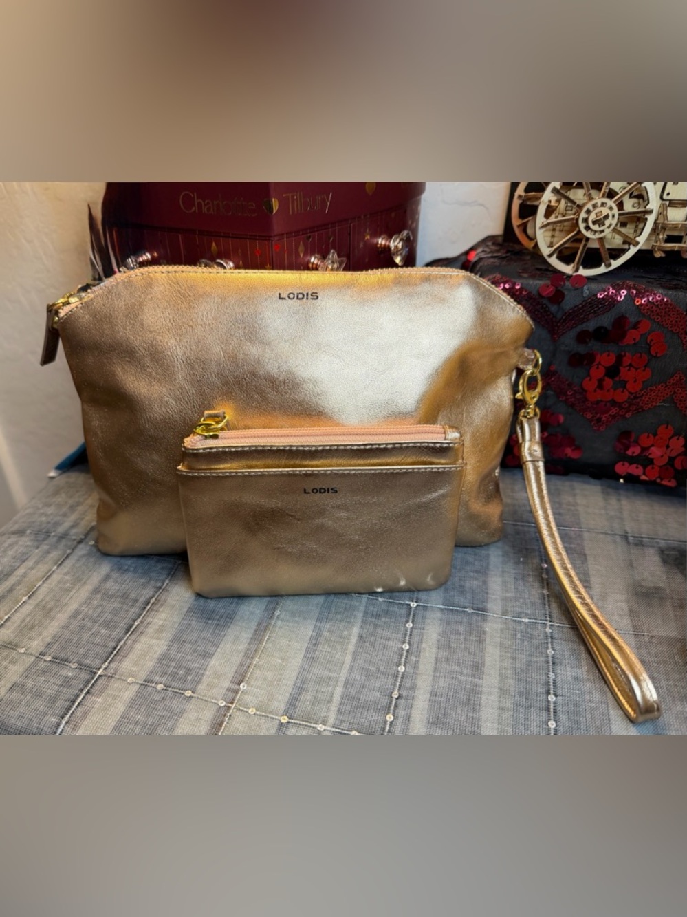 Lodis Metallic Rose Gold Leather Pouch & Coin Wallet 2pc Set